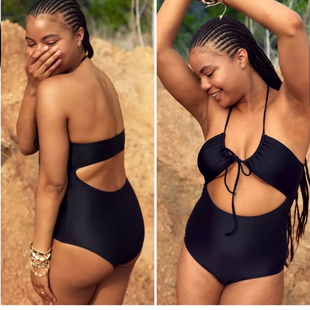 Aerie‎ Ruched Black Cutout 1 Piece Swimsuit Medium LONG cheeky full coverage NWT